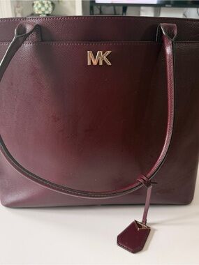 Michael Kors Wine Saffiano Leather Tote with Gold MK Logo